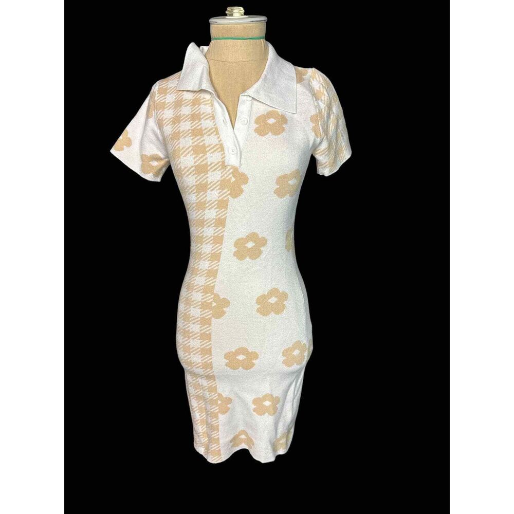 Princess Polly Collared Knit Tan White Print Dress Size XS
